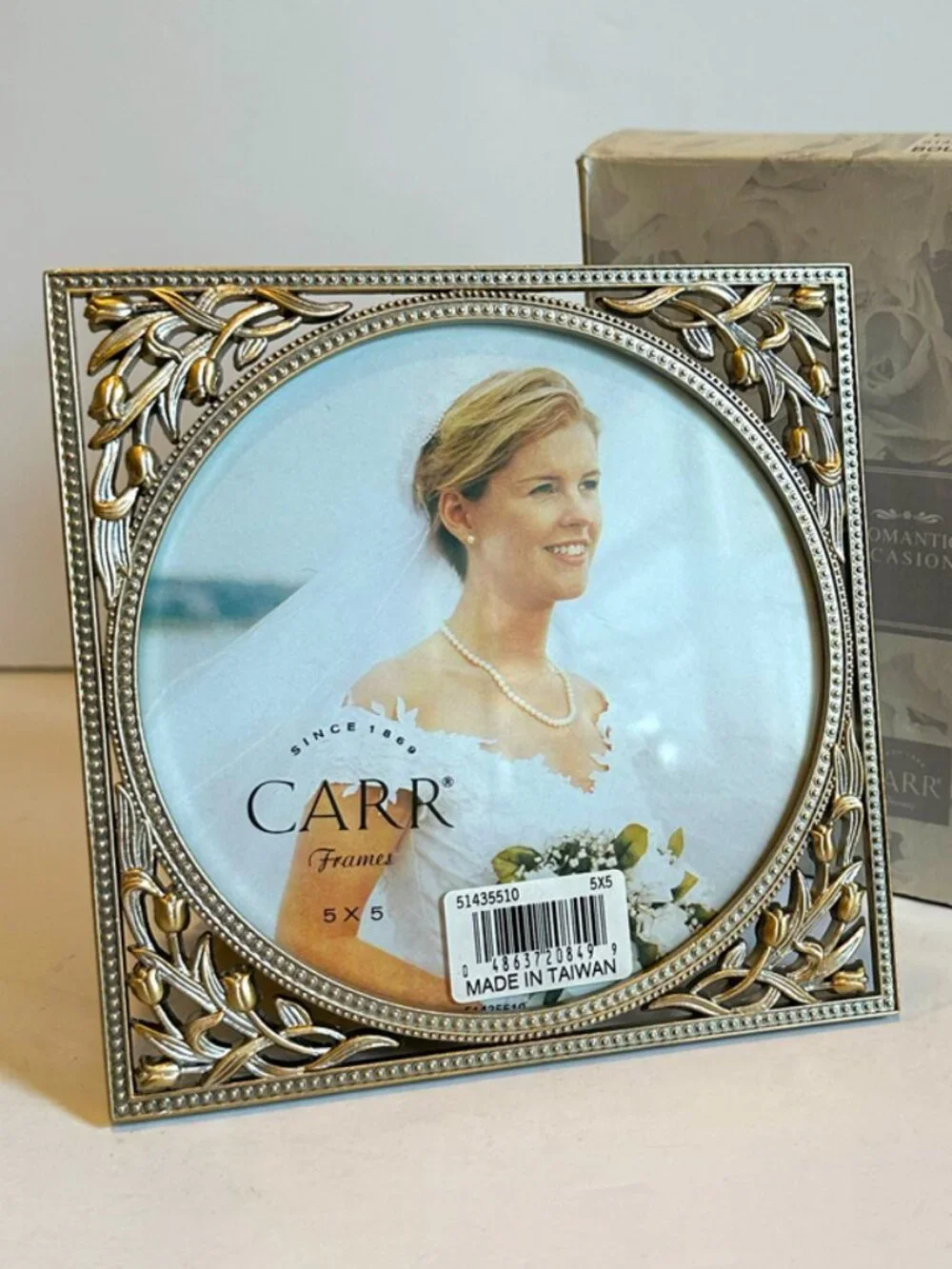 VTG 1998 Carr Romantic Occasions Bouquet Picture Frame Round 5x5 Pewter Gold NIB